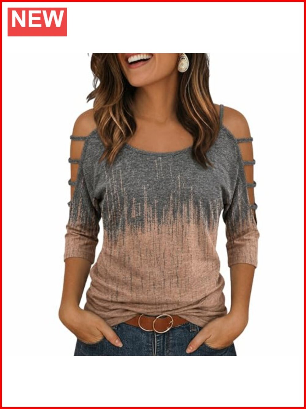 Cold Shoulder Tunic Top 3/4 Sleeve Knit Women's Casual Blouse